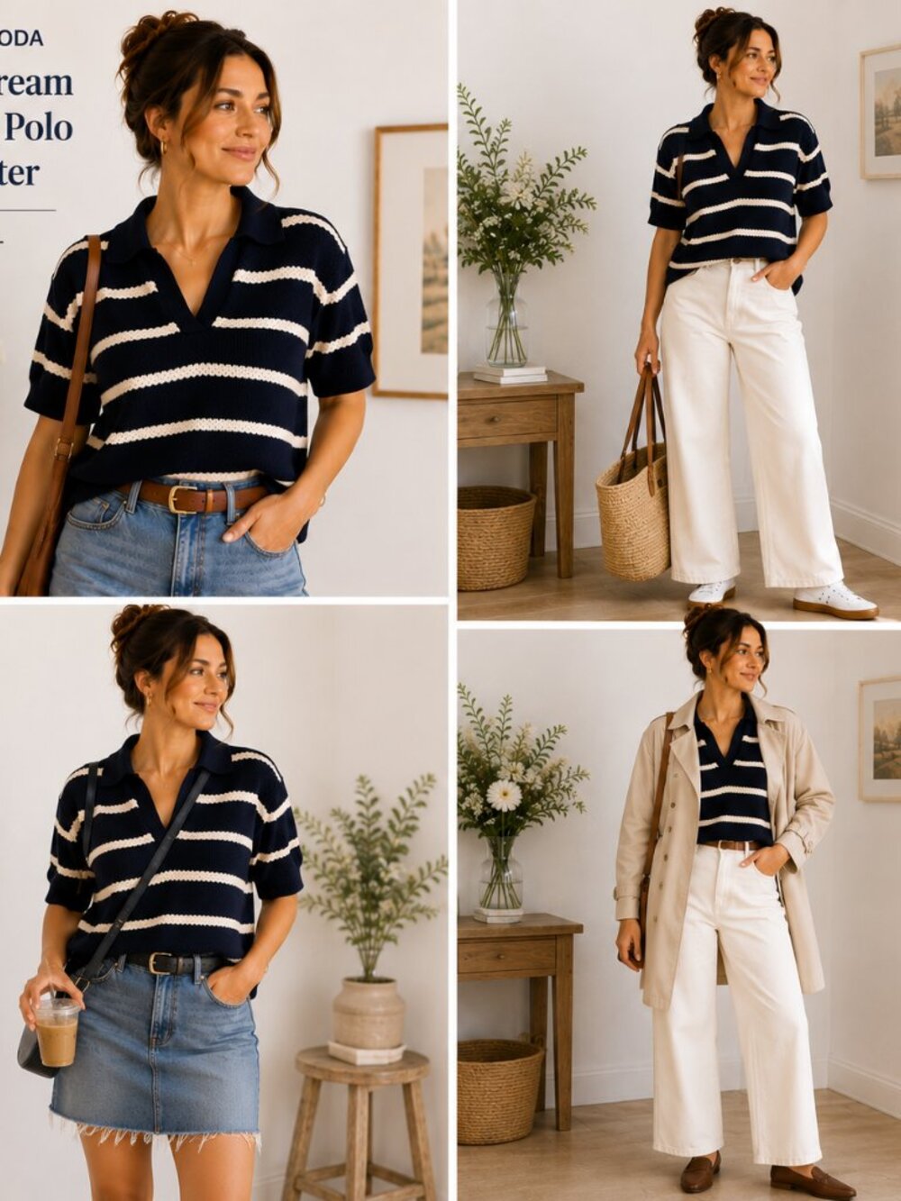 Navy Cream Striped Polo Sweater Short Sleeve Knit Top Vero Moda Size L